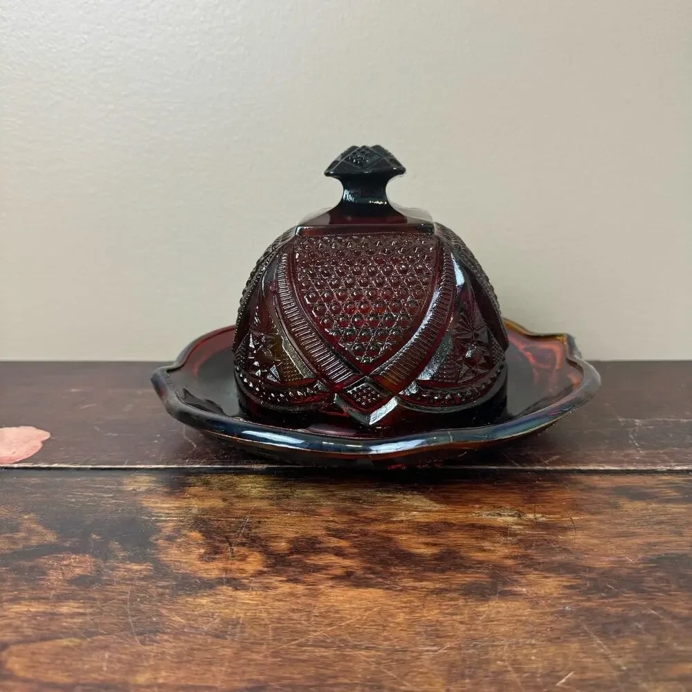 Vintage Depression Pressed Red Cadmium Glass Covered Butter Dish GLOWS
